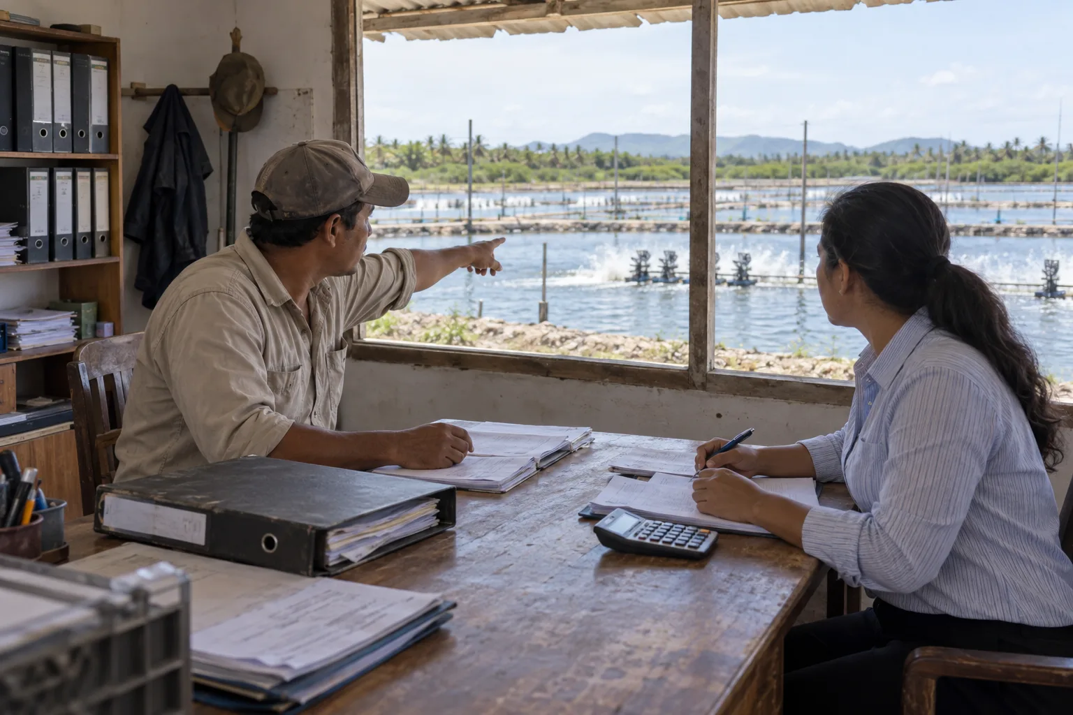 A farm manager and an accountant at a desk of binders and delivery notes in a farm office, the manager pointing through the window at the shrimp ponds and aerators outside