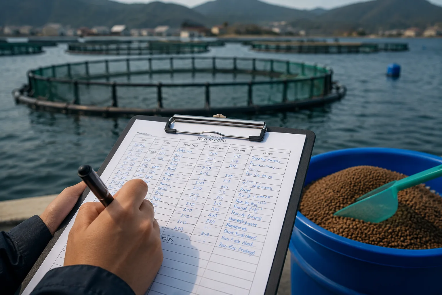 A worker filling in a paper feed record on a clipboard beside a feed bin and sea cages