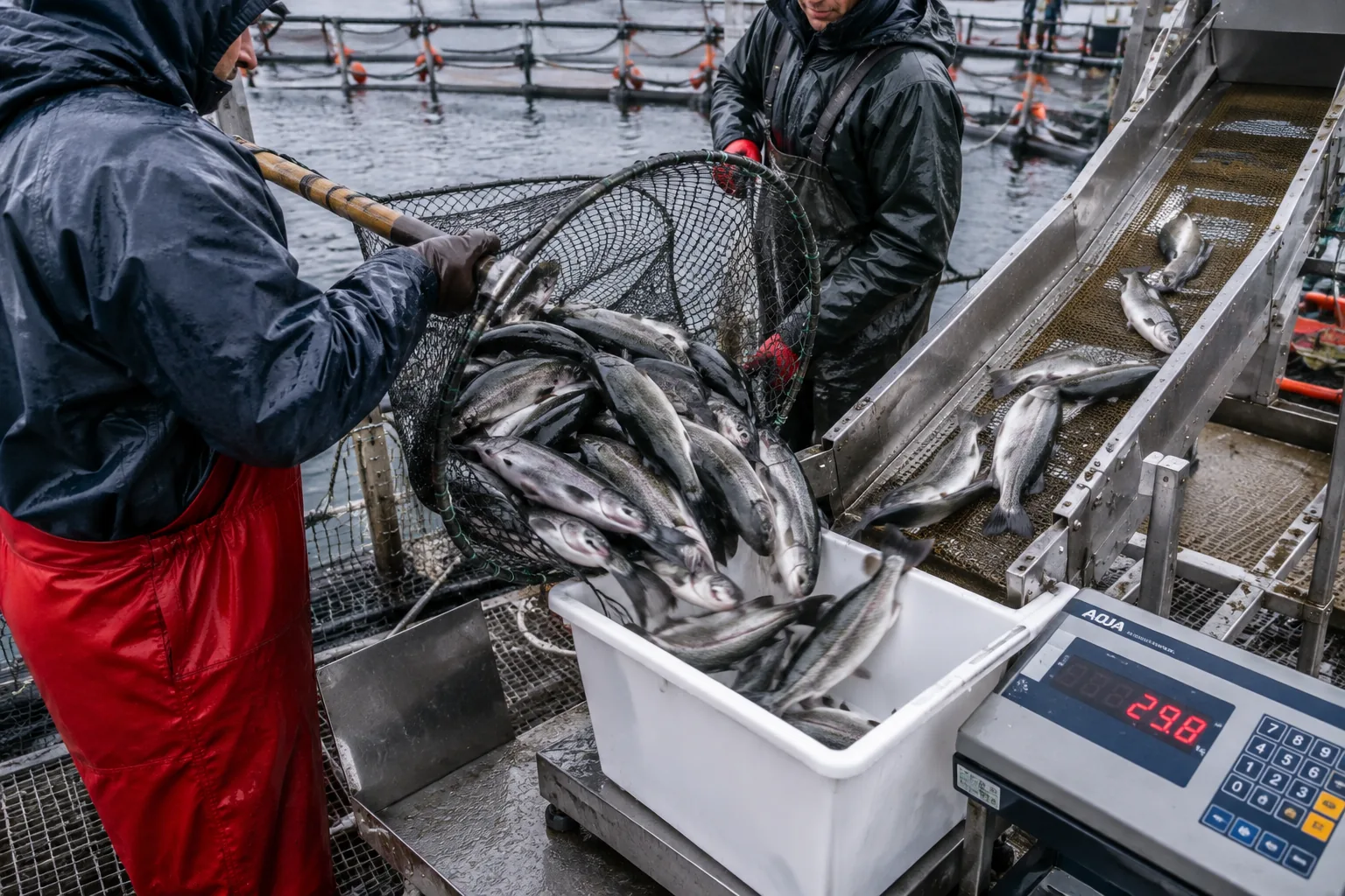 Workers emptying a dip net of fish into a bin on a platform scale beside a grading conveyor during a harvest