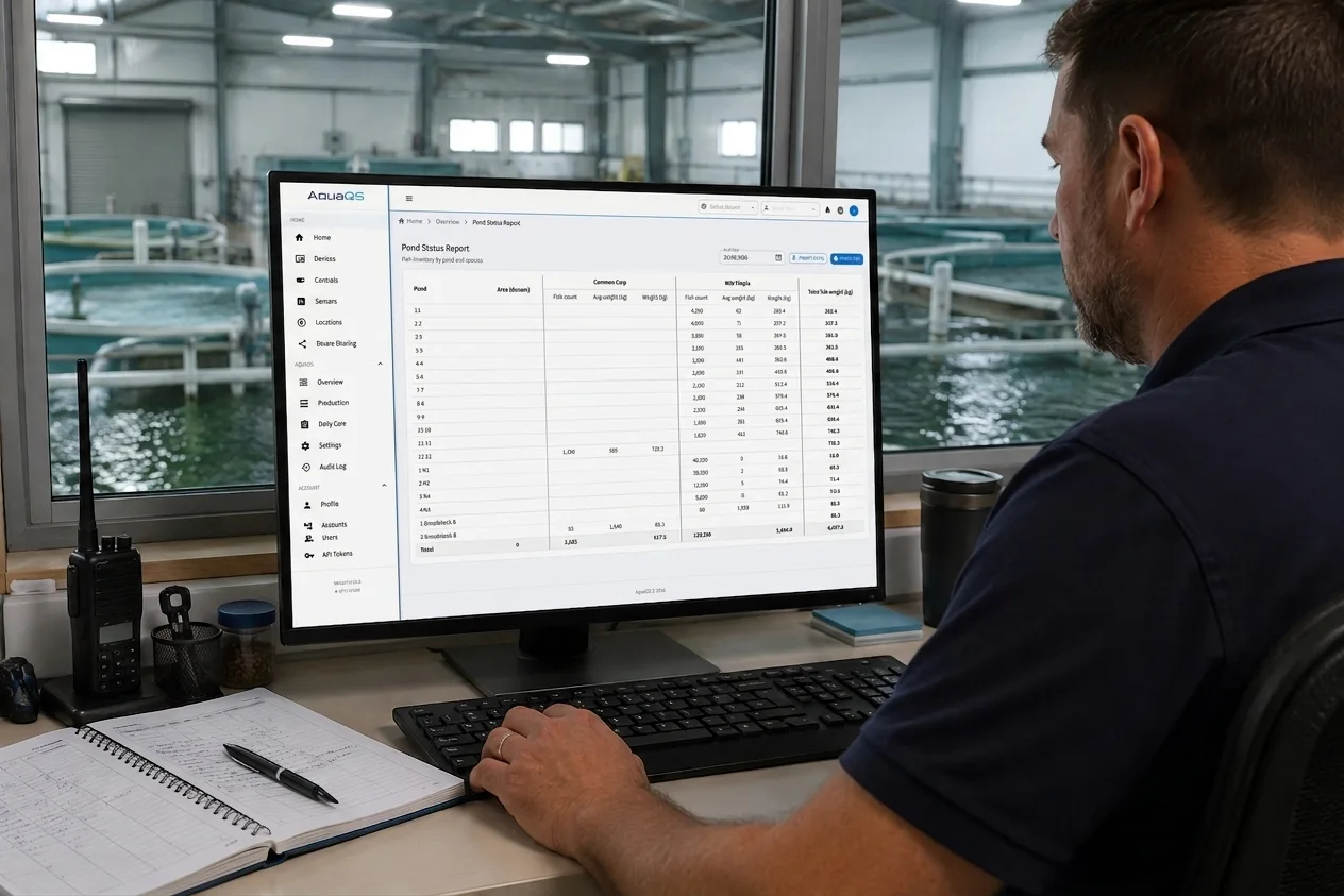 A farm manager reviewing a pond status report in AquaOS on a desktop monitor, with rearing tanks visible through the office window