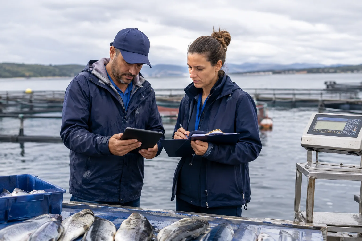 A farm manager and an auditor reviewing harvest records on a tablet and a clipboard beside a sea cage site, with graded fish on the sorting table