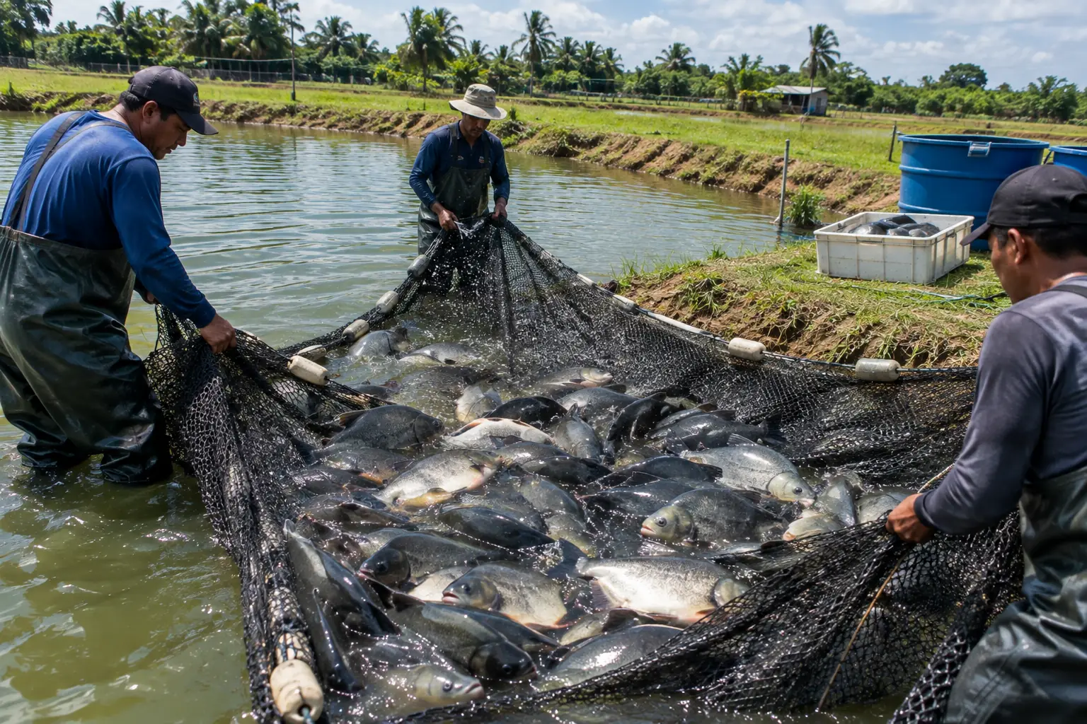 Three workers in waders drawing a seine net full of cachama through a tropical earthen pond at harvest, with palm trees and water tanks on the bank