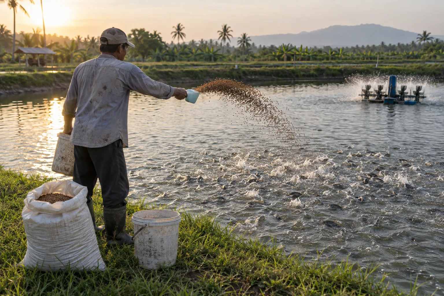 A worker on the bank of an earthen pond throwing a scoop of feed pellets over the water at sunrise, fish breaking the surface, with a feed sack and a paddlewheel aerator nearby