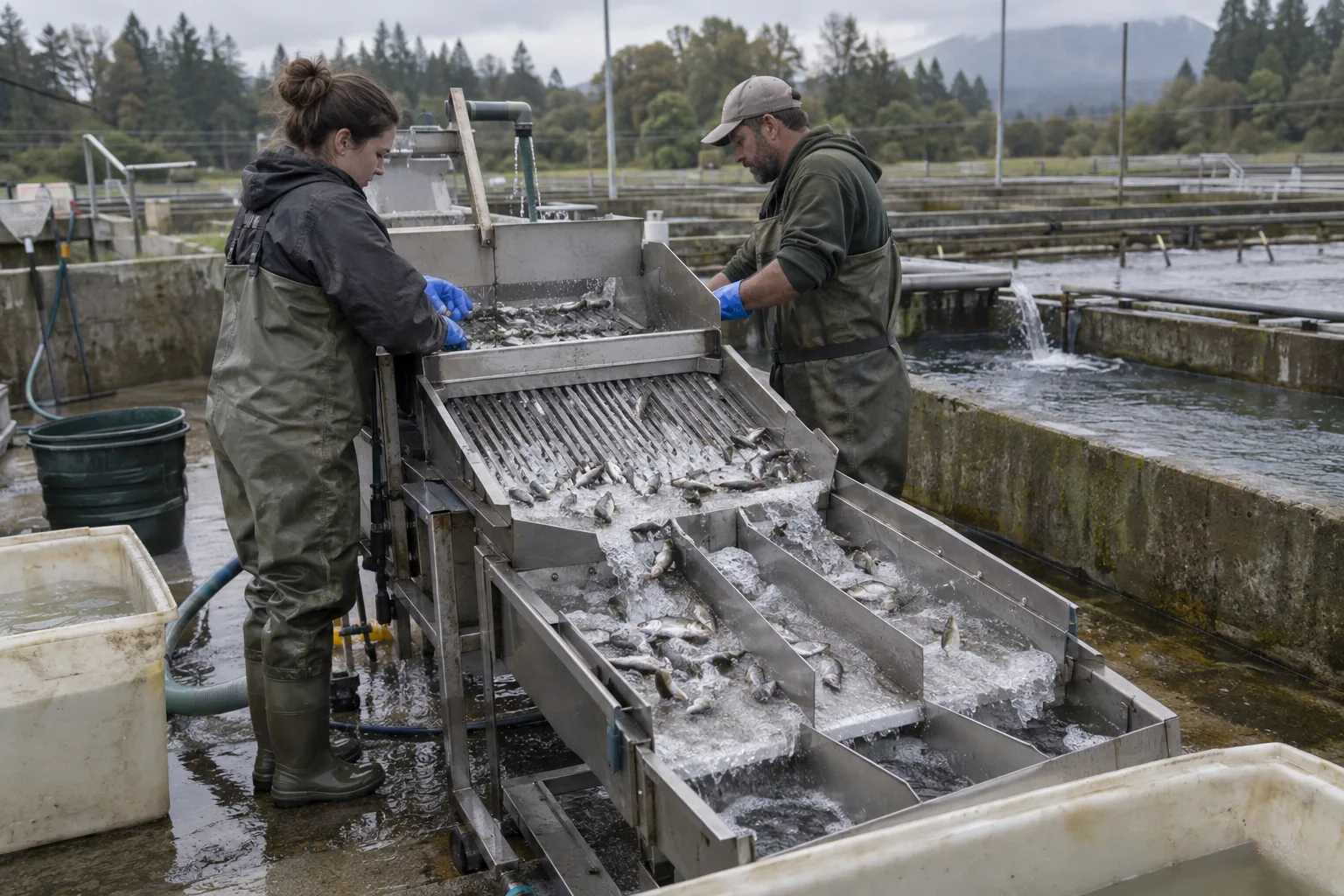 Two workers in waders feeding juvenile fish through a stainless steel bar grader beside outdoor concrete tanks, the fish dropping into separate channels by size