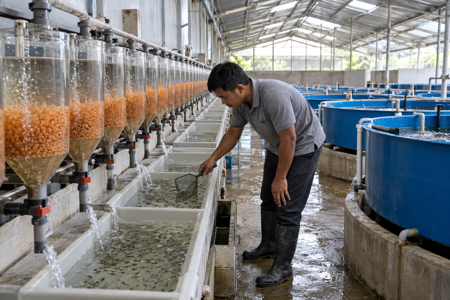 A hatchery technician netting fry from a trough below a row of incubation jars full of orange eggs, with round blue nursery tanks behind him