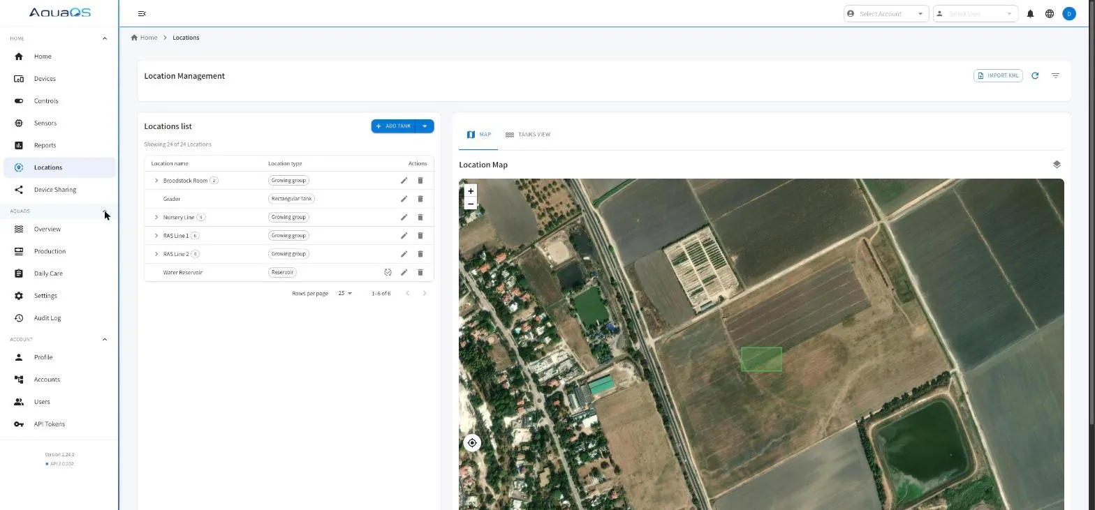The AquaOS locations map showing pond boundaries on satellite imagery beside the growing unit list