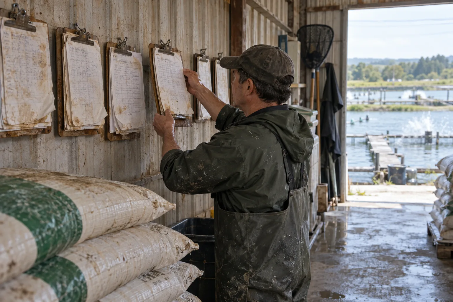 A farm worker in waders lifting one of a row of worn clipboards with handwritten sheets off the wall of a feed shed, with feed sacks beside him and the ponds through the open door