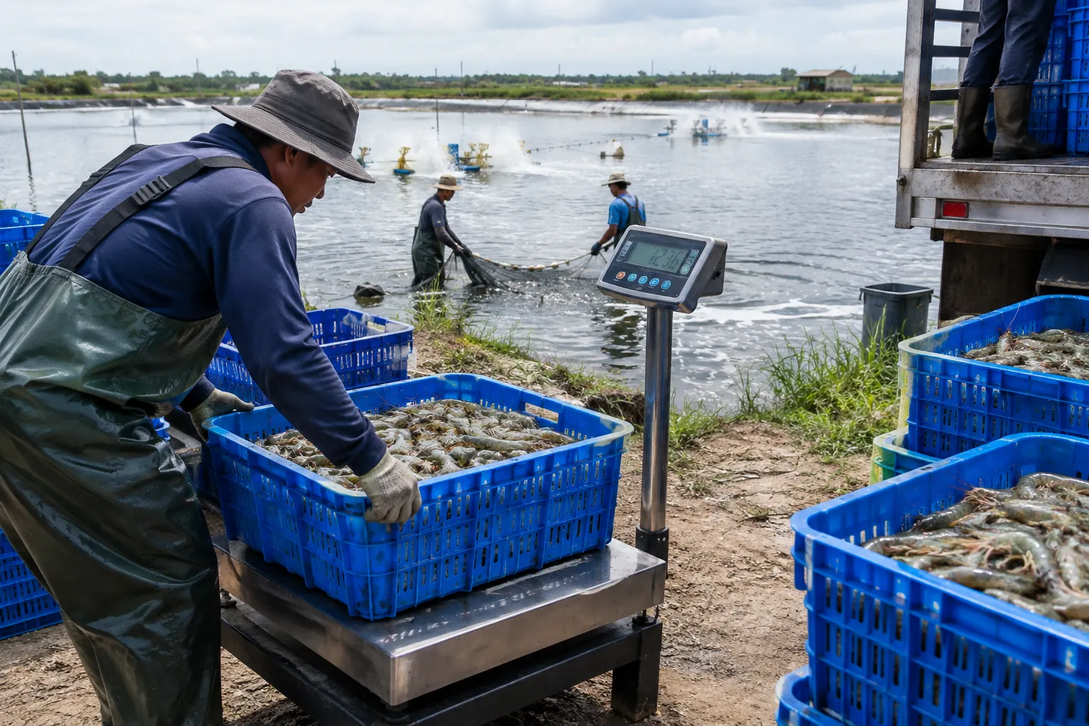 A worker weighing a blue crate of harvested shrimp on a platform scale at the pond edge while two others pull a net through the pond and crates are loaded onto a truck