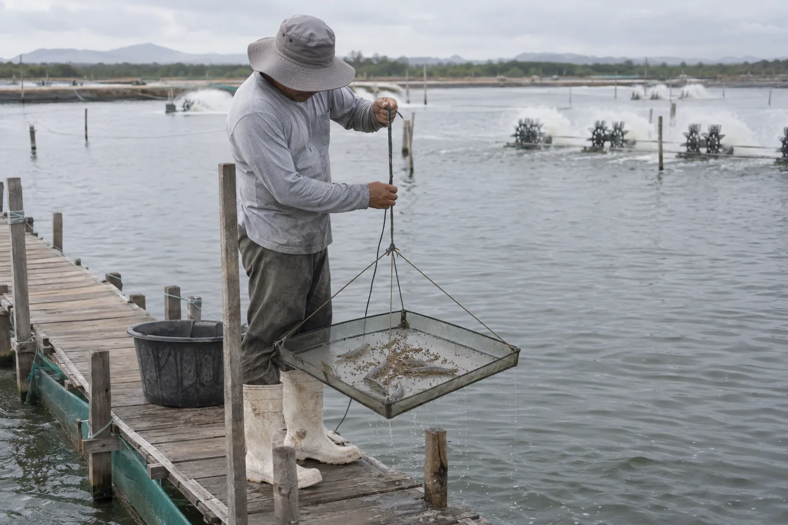A technician on a wooden walkway lifting a mesh feed tray out of a shrimp pond to check what the shrimp left, with paddlewheel aerators running behind