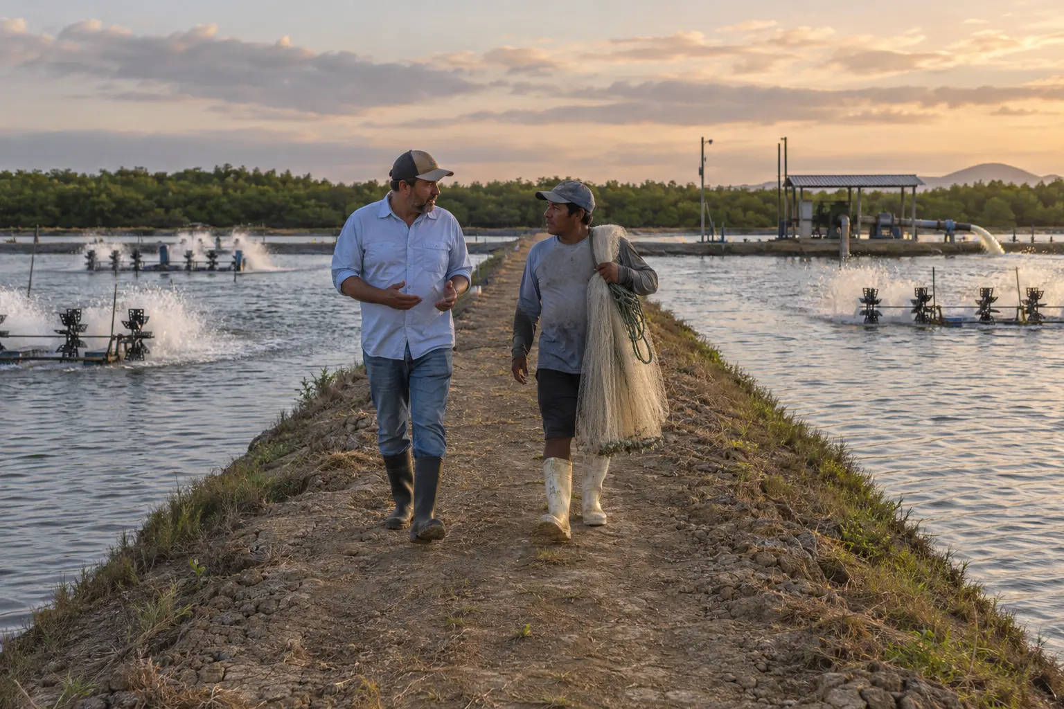 A farm manager and a pond technician carrying a cast net walking along the dike between two shrimp ponds with aerators running, at sunset