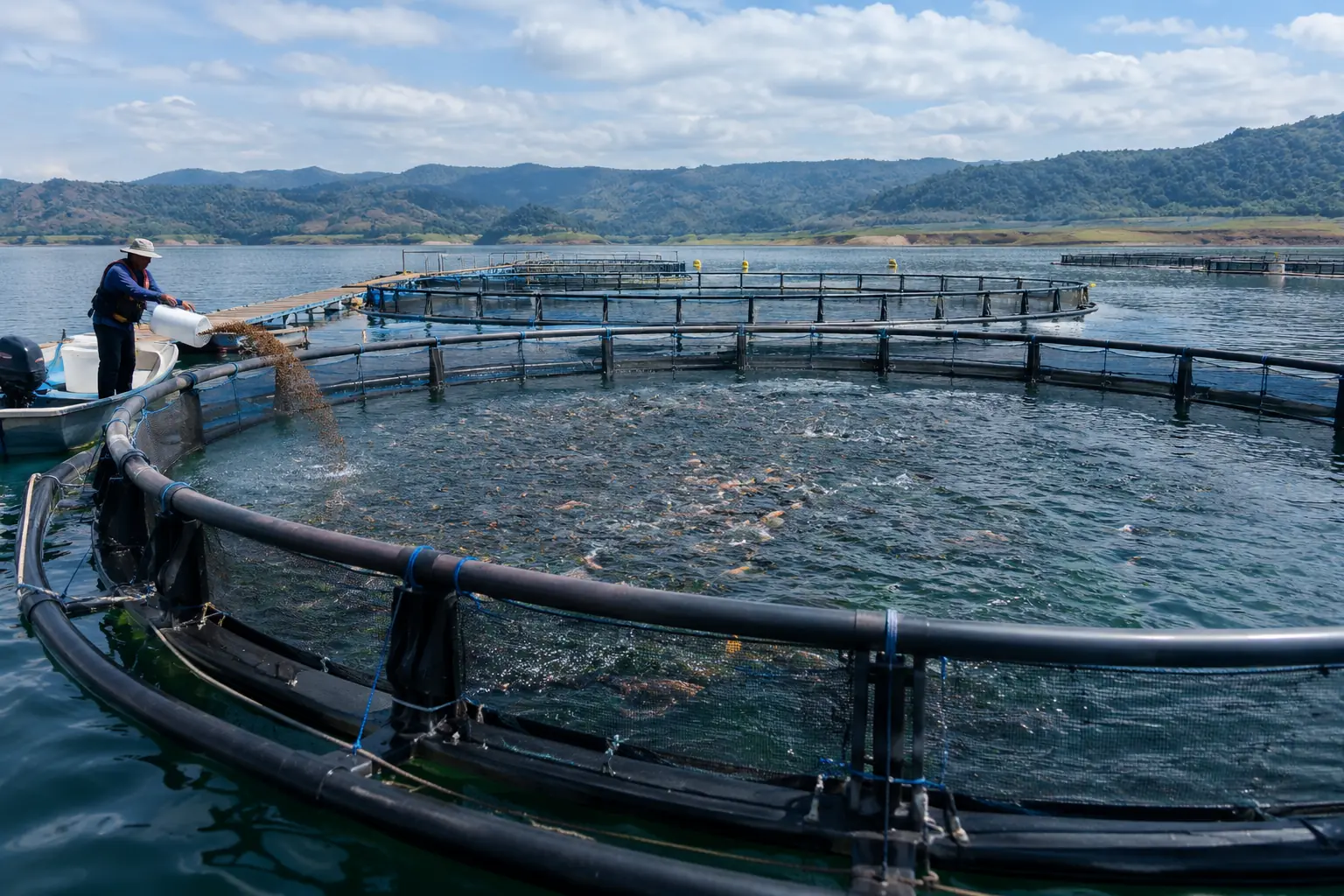 A farmer feeding tilapia by hand from a boat into a circular floating net cage on a reservoir, with more cages and a walkway behind