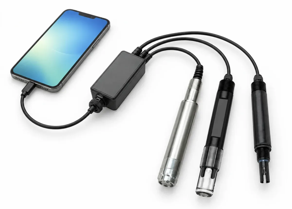A phone connected through a USB adapter to three digital probes for dissolved oxygen, pH and conductivity