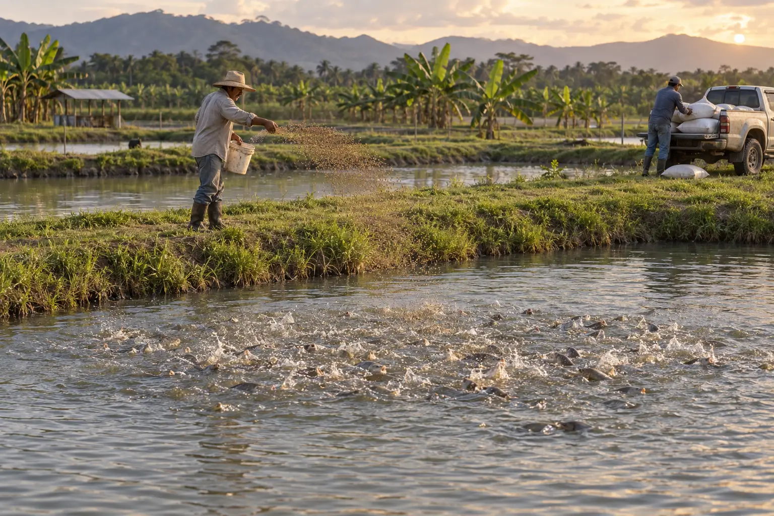 A worker on the bank of an earthen pond throws feed over the water as tilapia break the surface, while feed sacks are unloaded from a pickup behind him