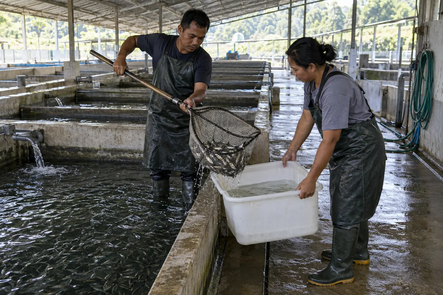 Two hatchery technicians move fingerlings with a hand net from a concrete raceway into a transport tub