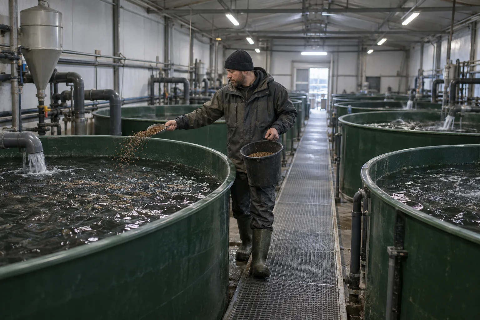 A worker on the walkway between round tanks in a recirculating aquaculture hall scatters a scoop of feed into a tank