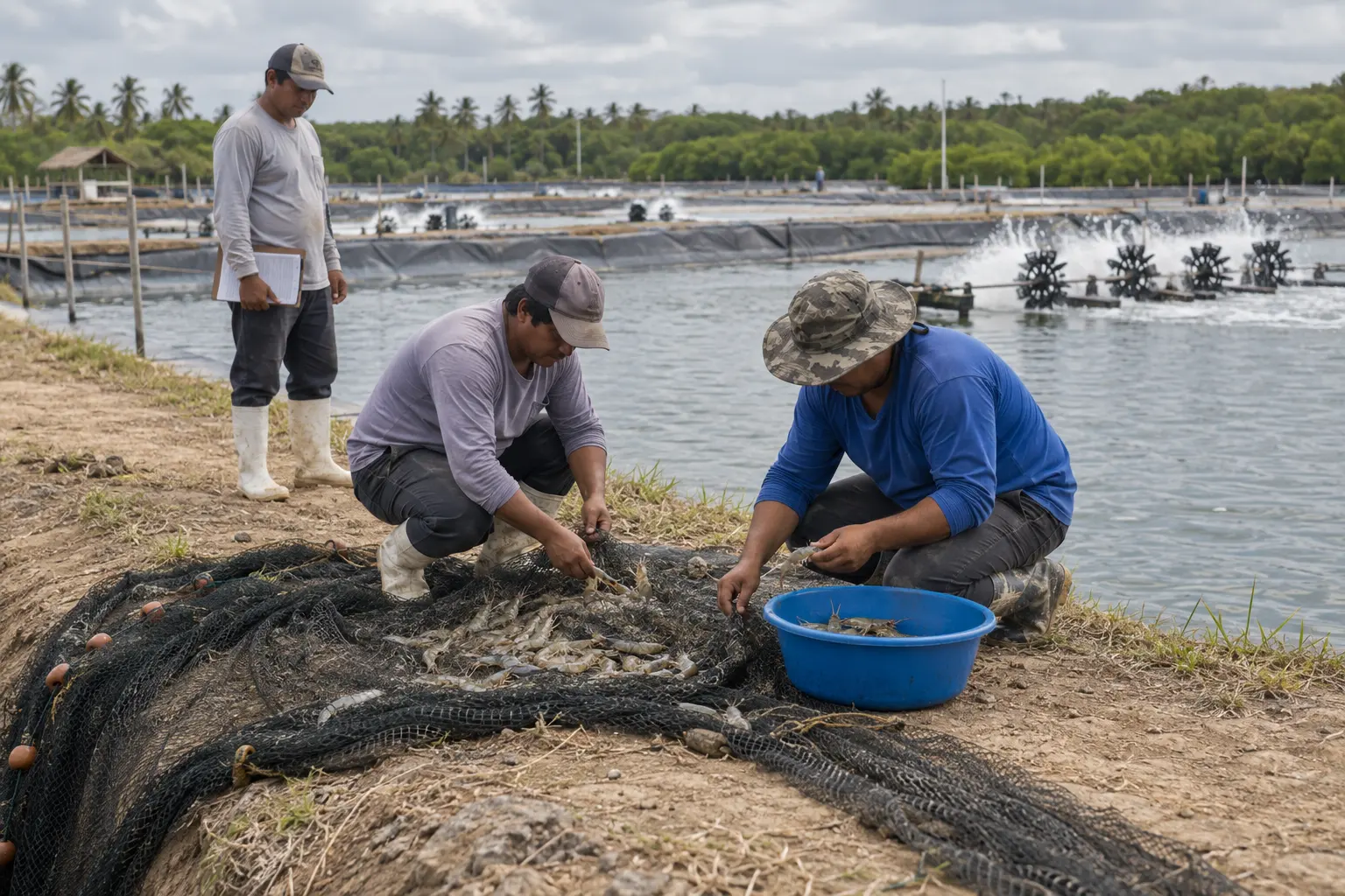 Two workers on a shrimp pond levee pick shrimp out of a cast net into a basin for the weekly growth sample, with paddlewheel aerators running behind them